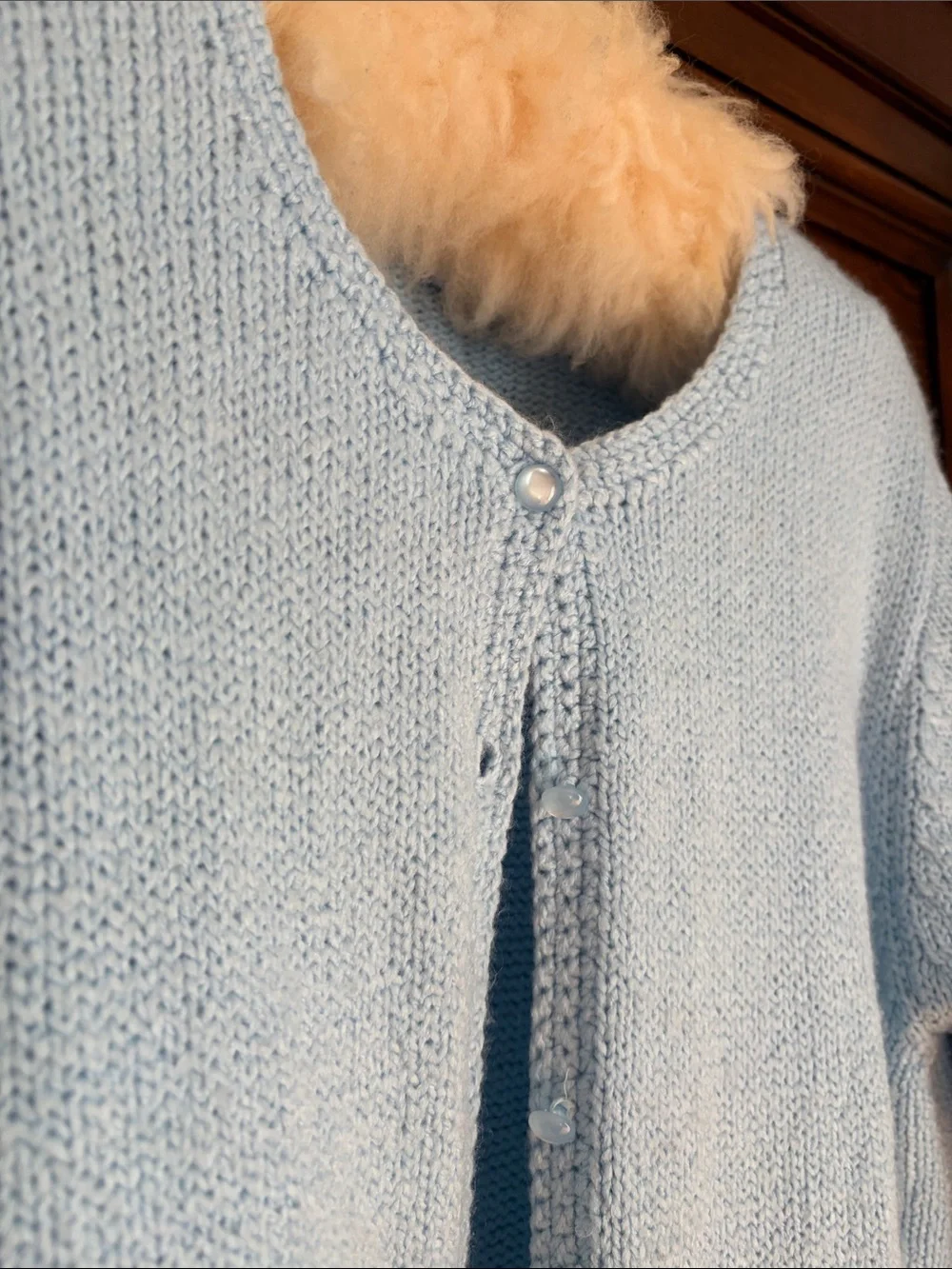 Vintage 90s Leon Levin Hand Loomed Round Neck Light Blue Cardigan - Size L